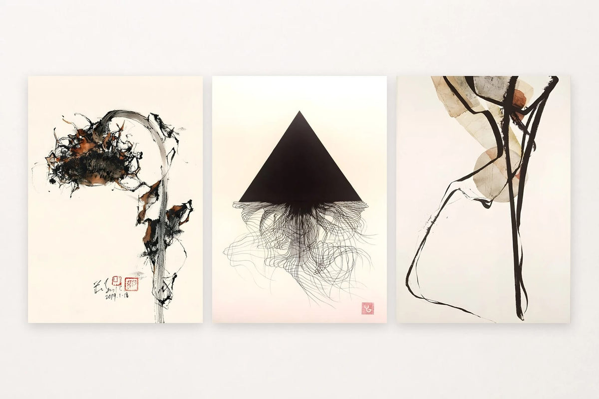 Three abstract prints show a floral silhouette, black triangle, and sparse lines.