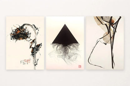 Three abstract prints show a floral silhouette, black triangle, and sparse lines.