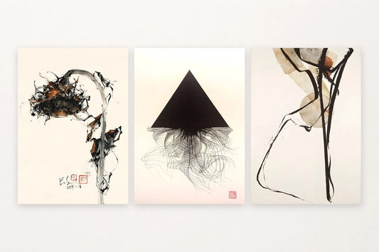 Three abstract prints show a floral silhouette, black triangle, and sparse lines.