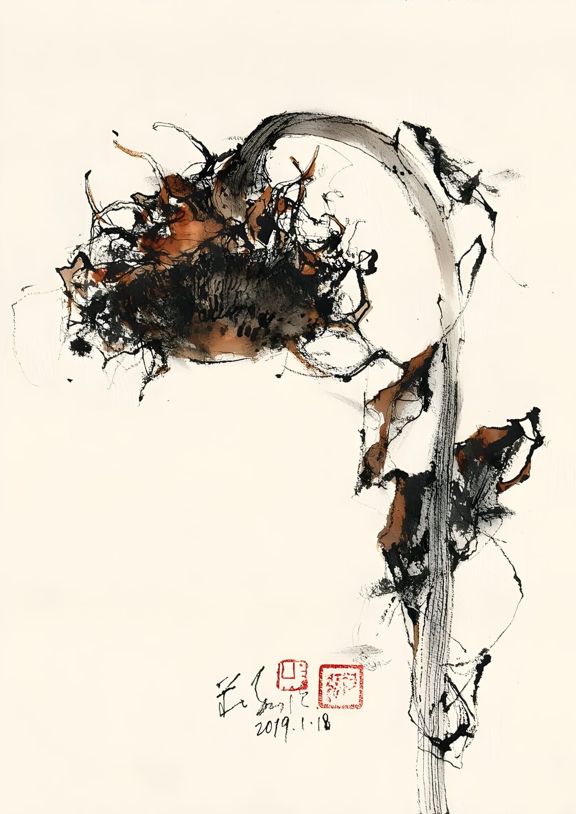 A floral silhouette appears with stamp-like marks.