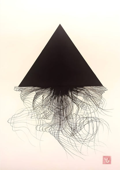 A black triangle is crossed by thin curves.