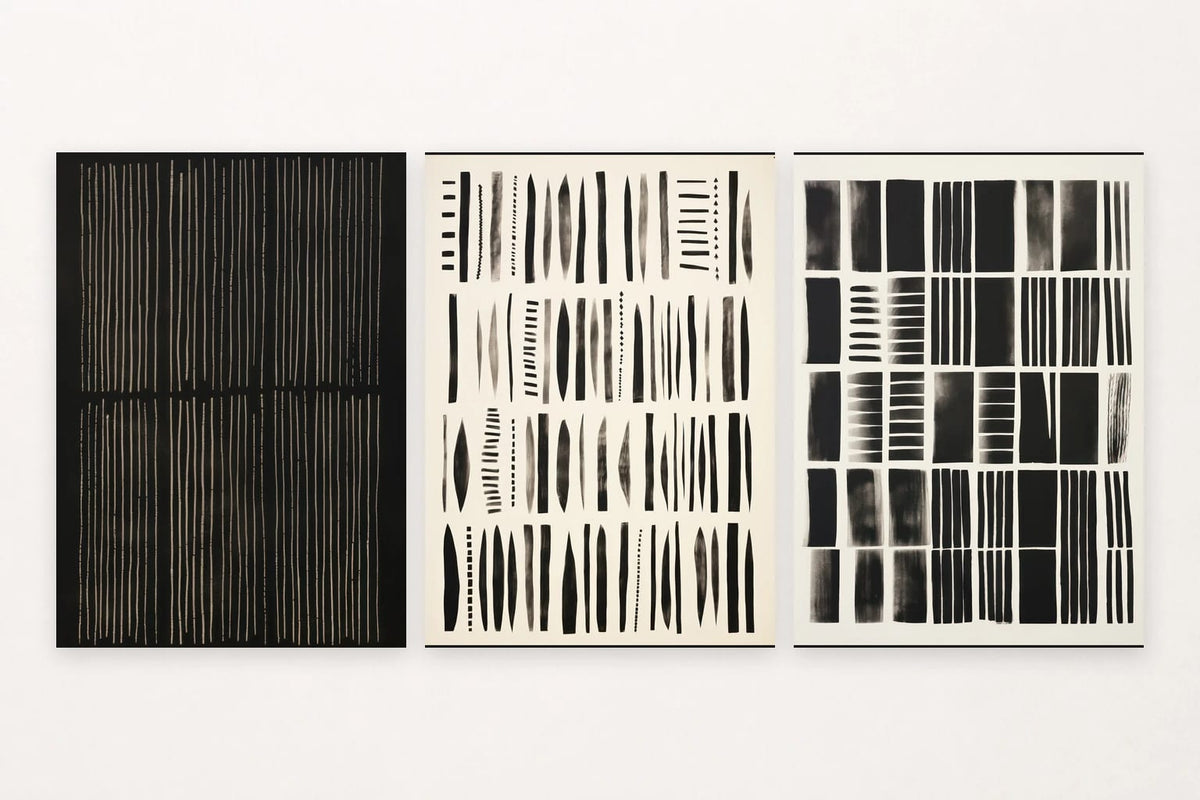Light verticals, quick marks, and a strict grid create three studies in contrast.