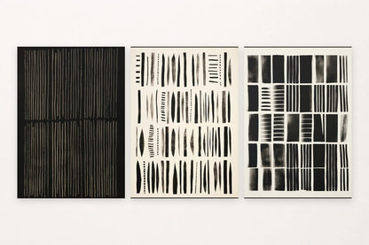 Light verticals, quick marks, and a strict grid create three studies in contrast.