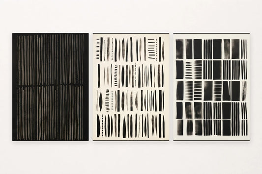 Light verticals, quick marks, and a strict grid create three studies in contrast.