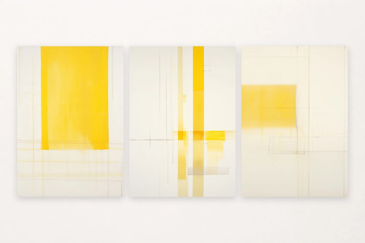 Yellow shapes and crossing bands give this trio a bold, architectural rhythm.