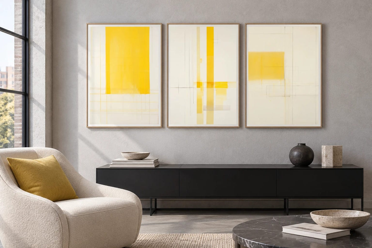Three yellow geometric prints hang above a black cabinet beside a cream chair.
