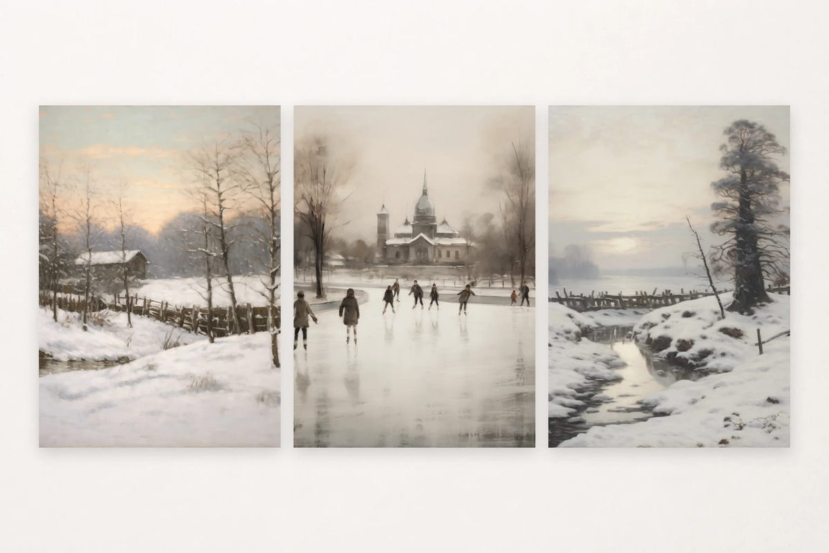 Three winter scenes show a snowy home, a skating rink by a towered building, and a stream beside a dark tree.