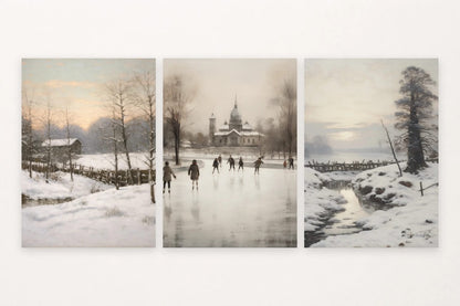 Three winter scenes show a snowy home, a skating rink by a towered building, and a stream beside a dark tree.