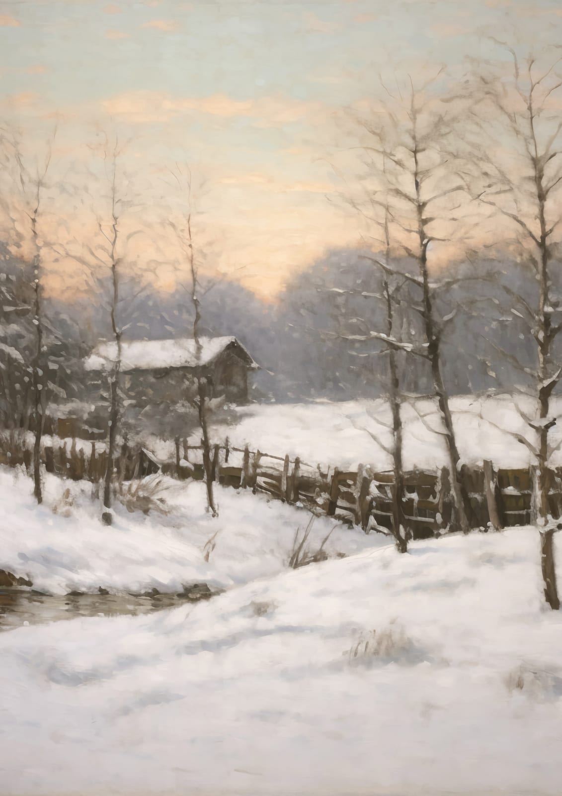 A snow-covered home stands among bare trees and a fence.