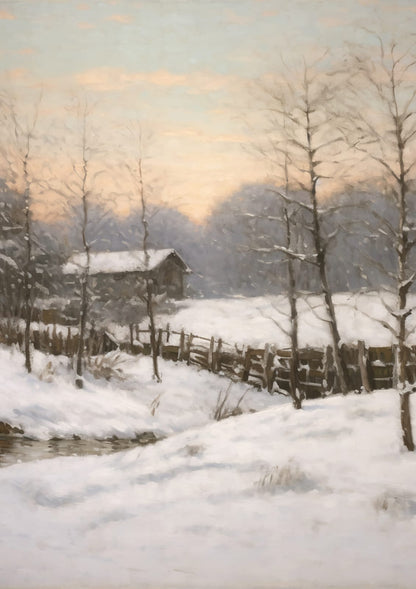 A snow-covered home stands among bare trees and a fence.