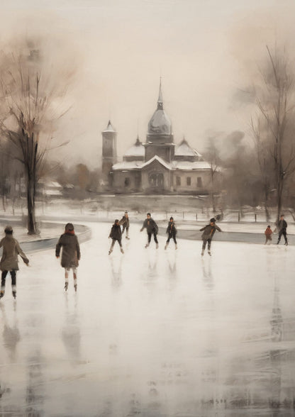 A skating rink sits in front of a building with towers.