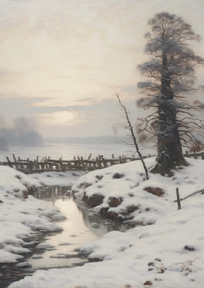 A dark tree borders a winter stream.