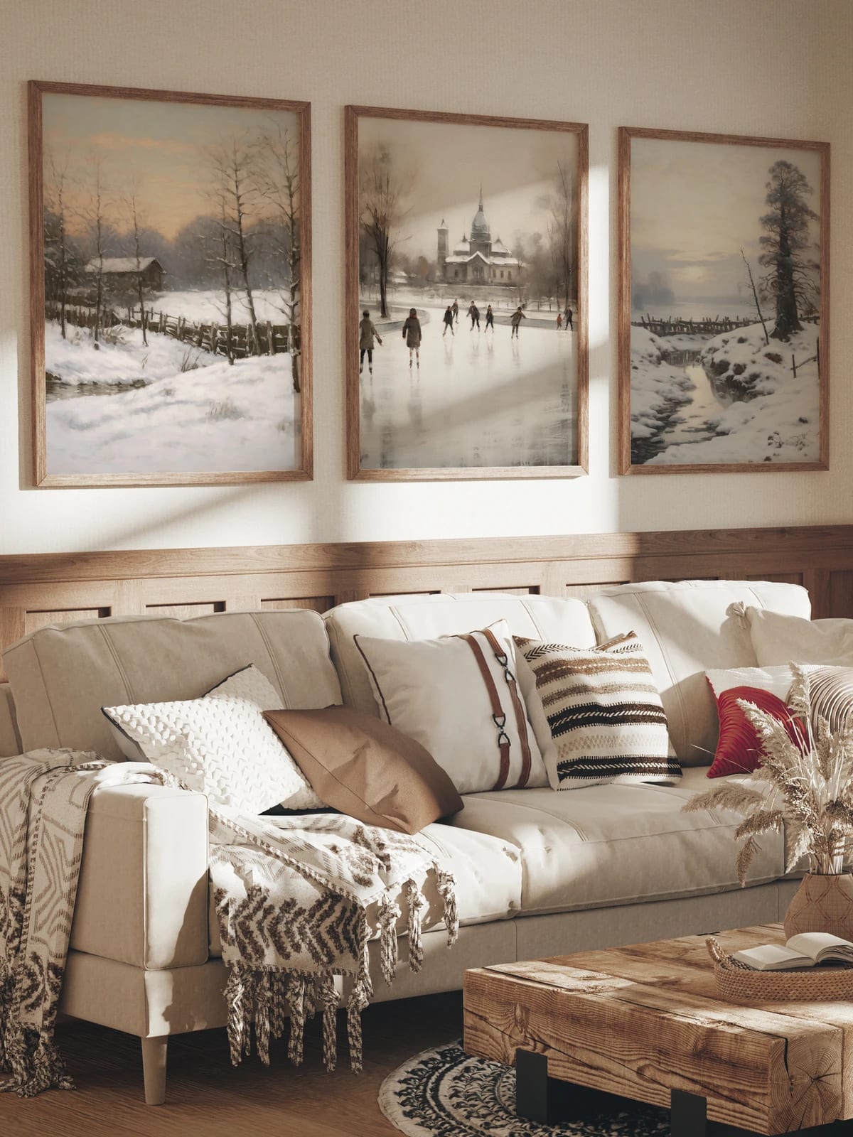 The winter landscape triptych shown together on a wall; frames are not included.