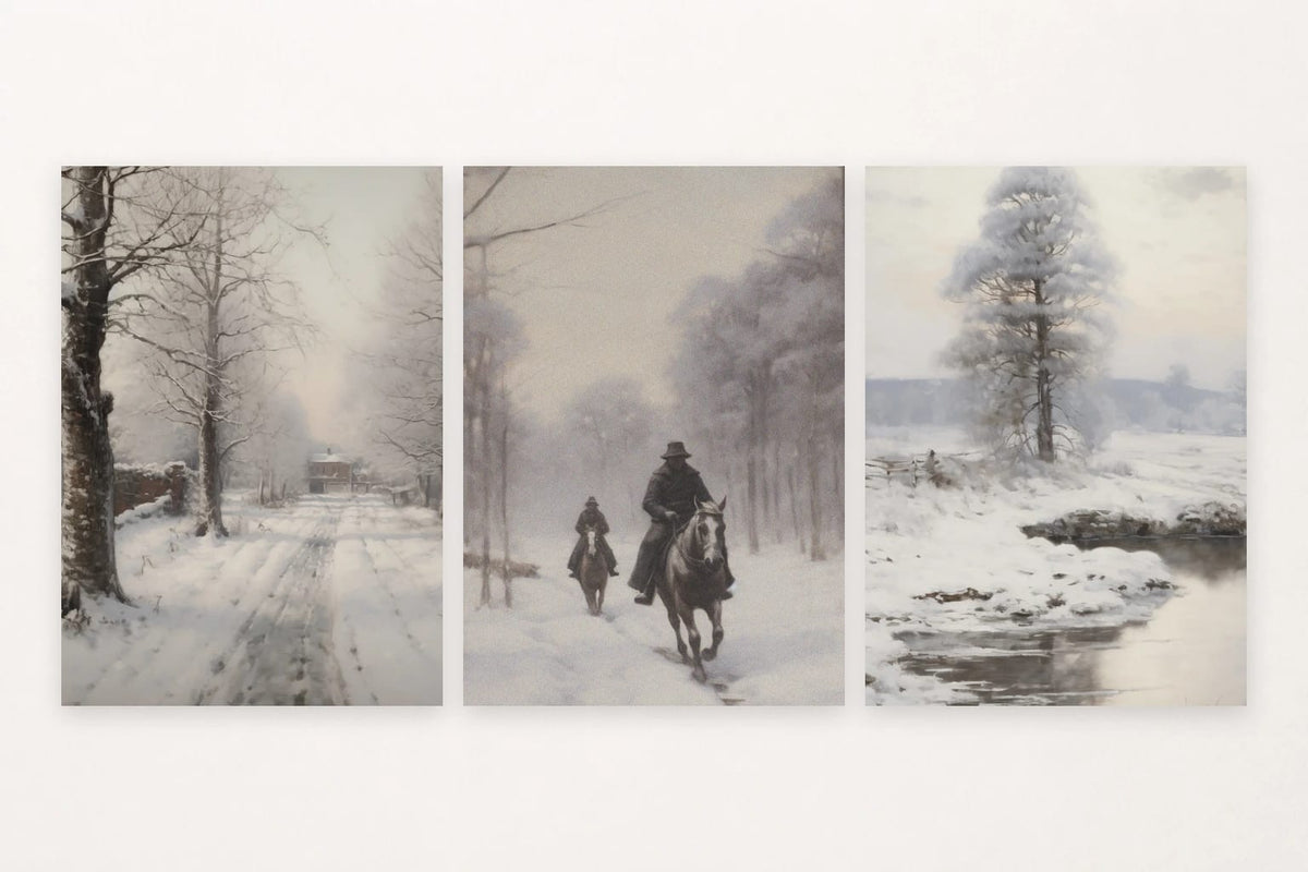 Three winter landscapes show a snowy road, two riders in the woods, and a lone tree beside a stream.