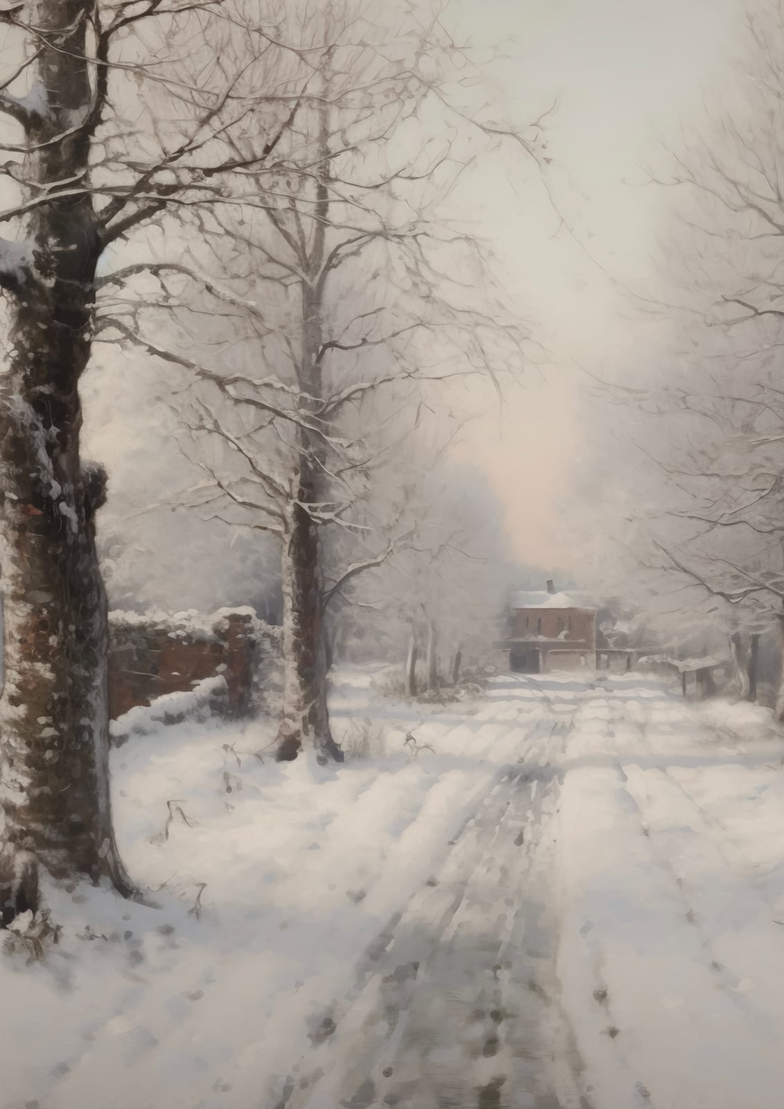 A snowy village road passes between bare trees.