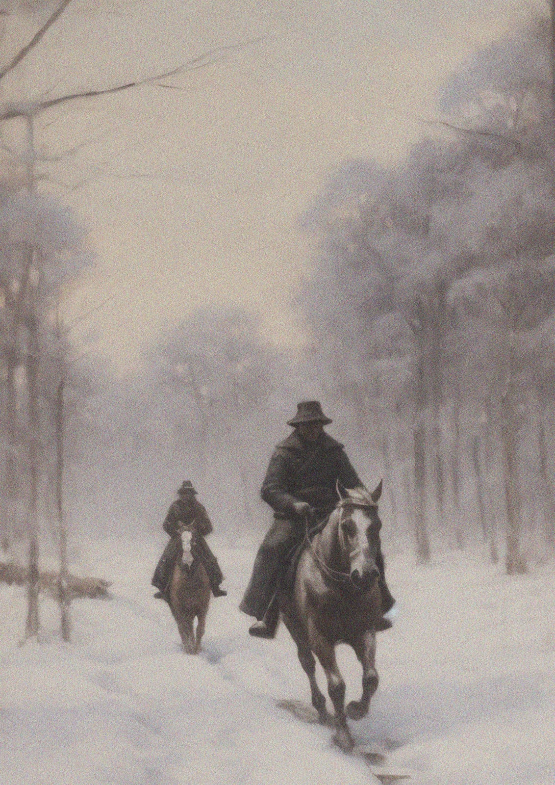 Two riders travel along a winter road through the woods.