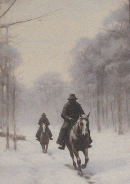 Two riders travel along a winter road through the woods.