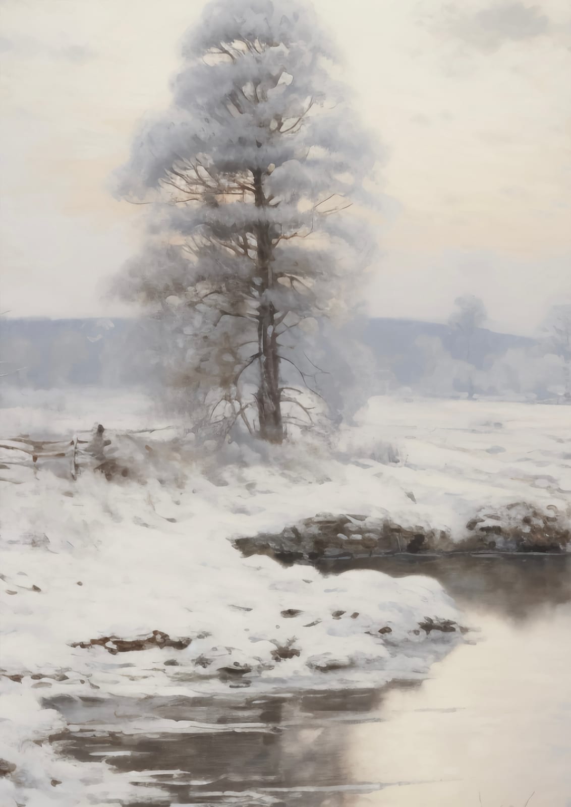 A lone tree stands beside a snow-lined stream.