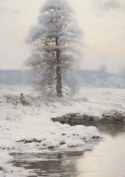 A lone tree stands beside a snow-lined stream.