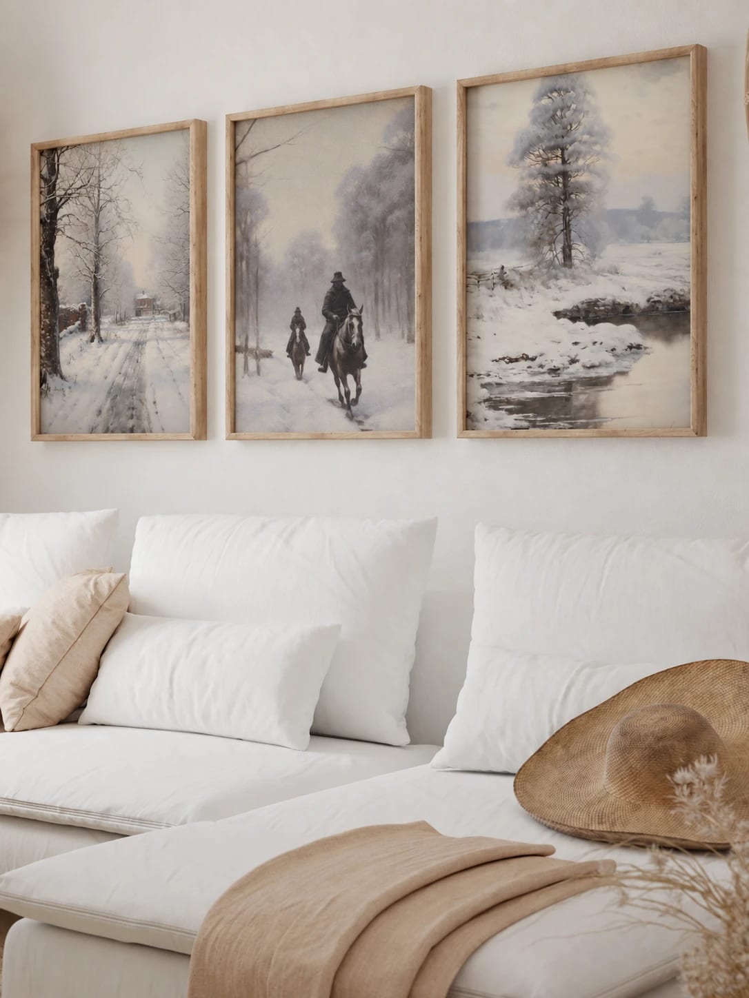 Three snowy road, riders, and stream scenes arranged in a room view; frames are not included.