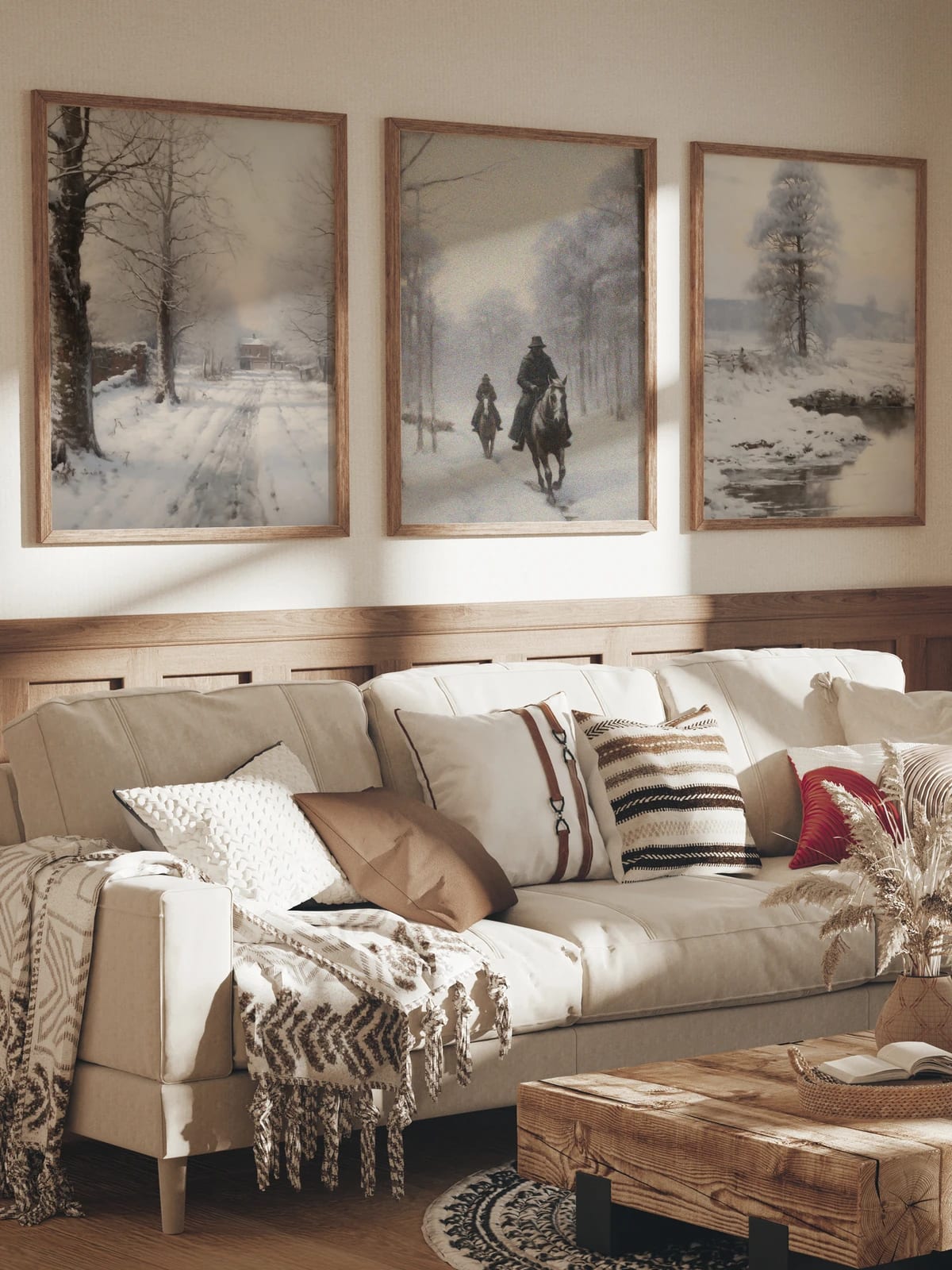 The winter road triptych grouped together on a wall; frames are not included.