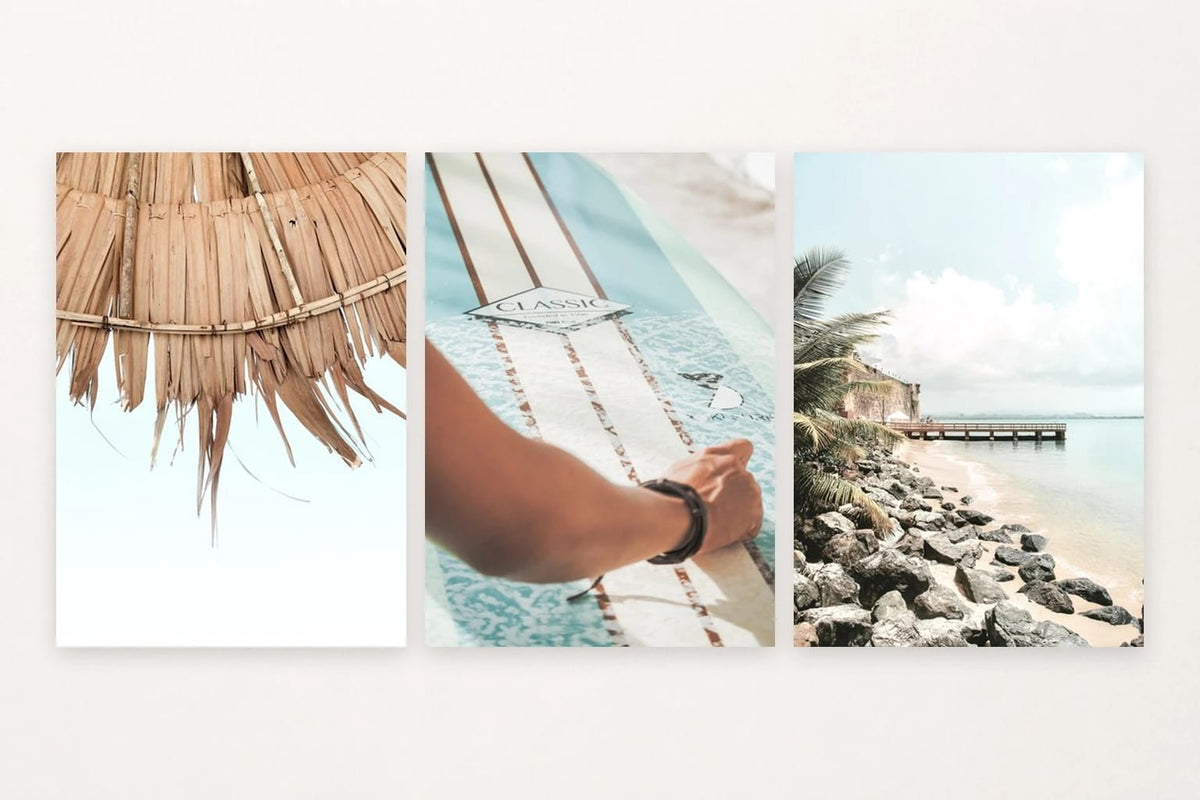 Beach prints with thatched roof detail, CLASSIC surfboard lettering, and a pier.