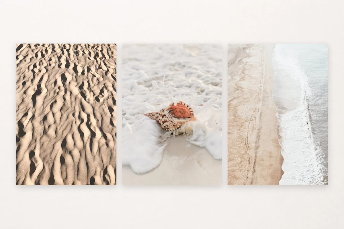 Minimal coastal prints with sand ripples, shell in foam, and a shoreline wave.
