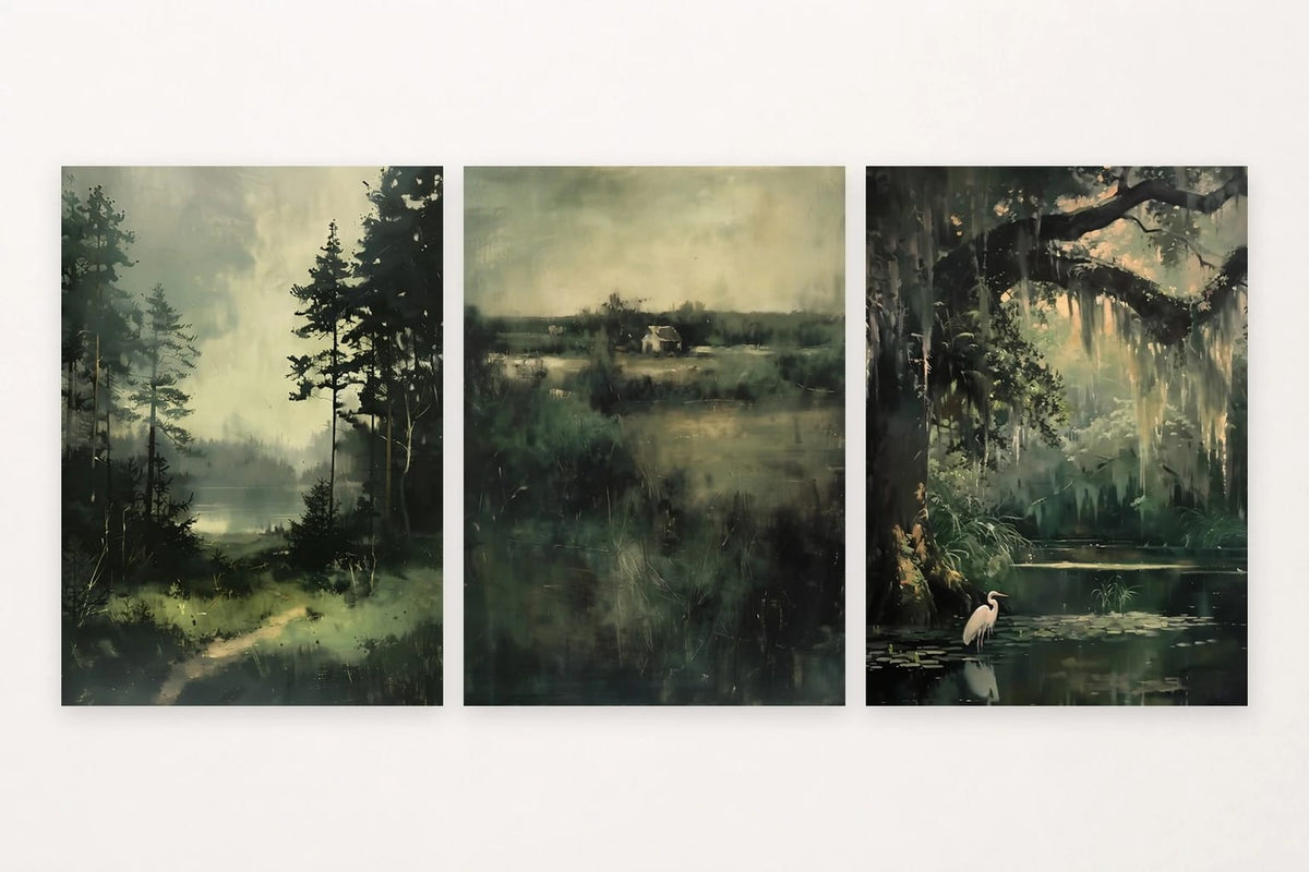 Quiet pond prints with a woodland path, tucked-away house, and pale bird.