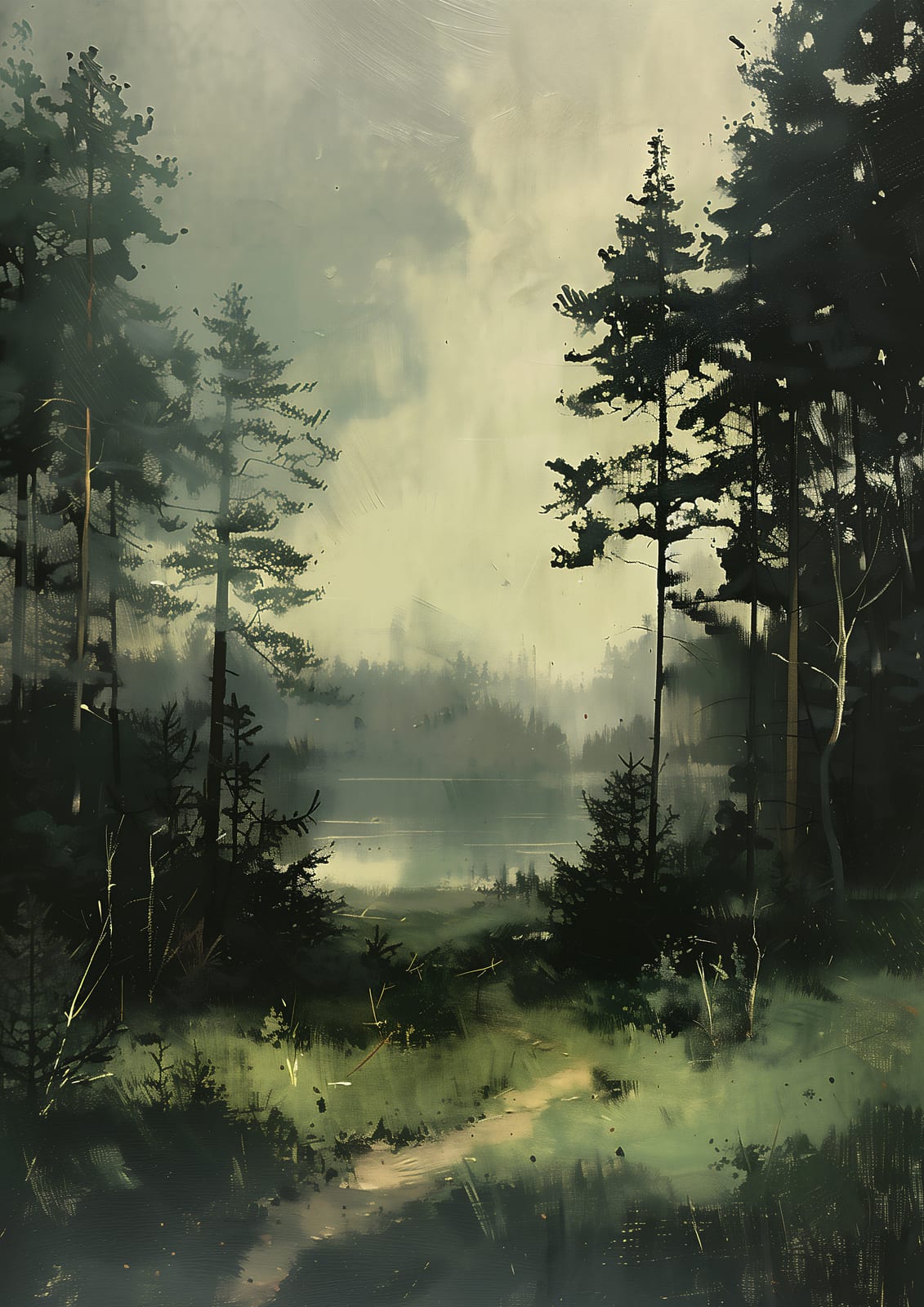 forest path beside still water.