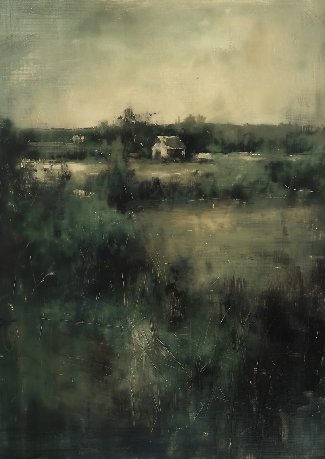small house behind an overgrown pond.
