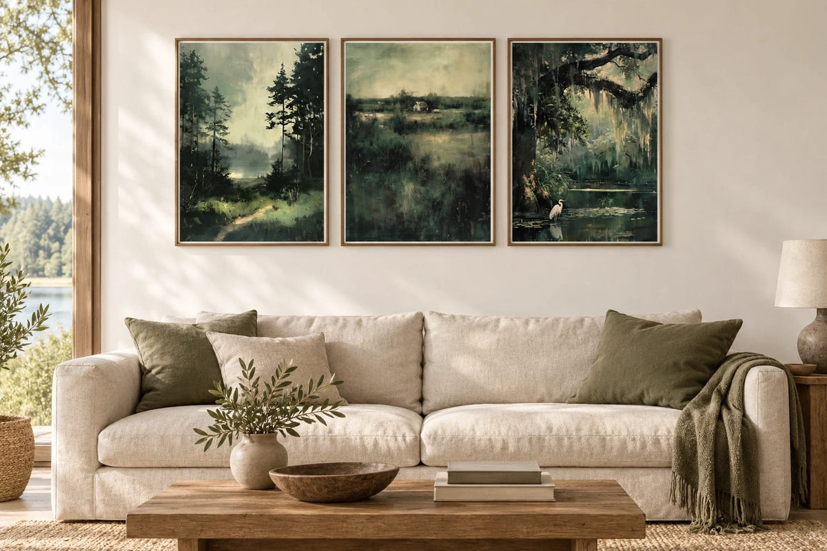 Woodland pond prints in a light living room.