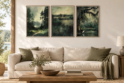 Woodland pond prints in a light living room.
