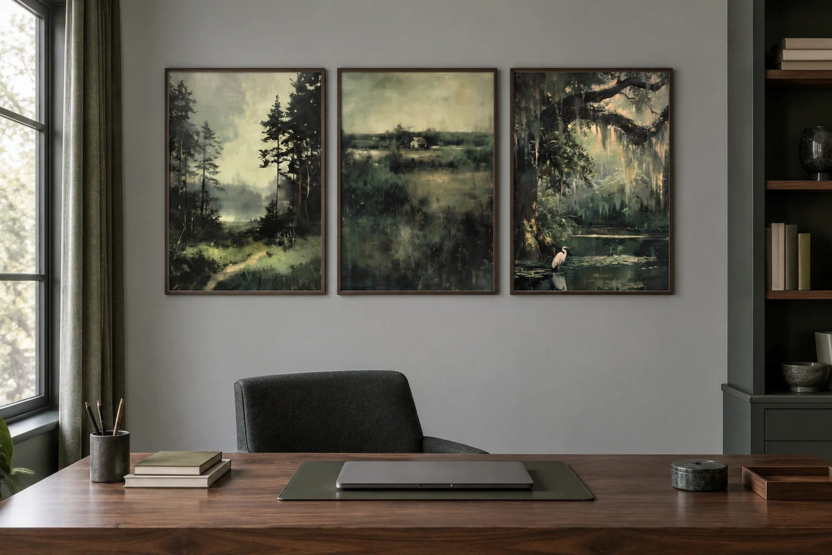 Three quiet-water prints in a gray-green office.