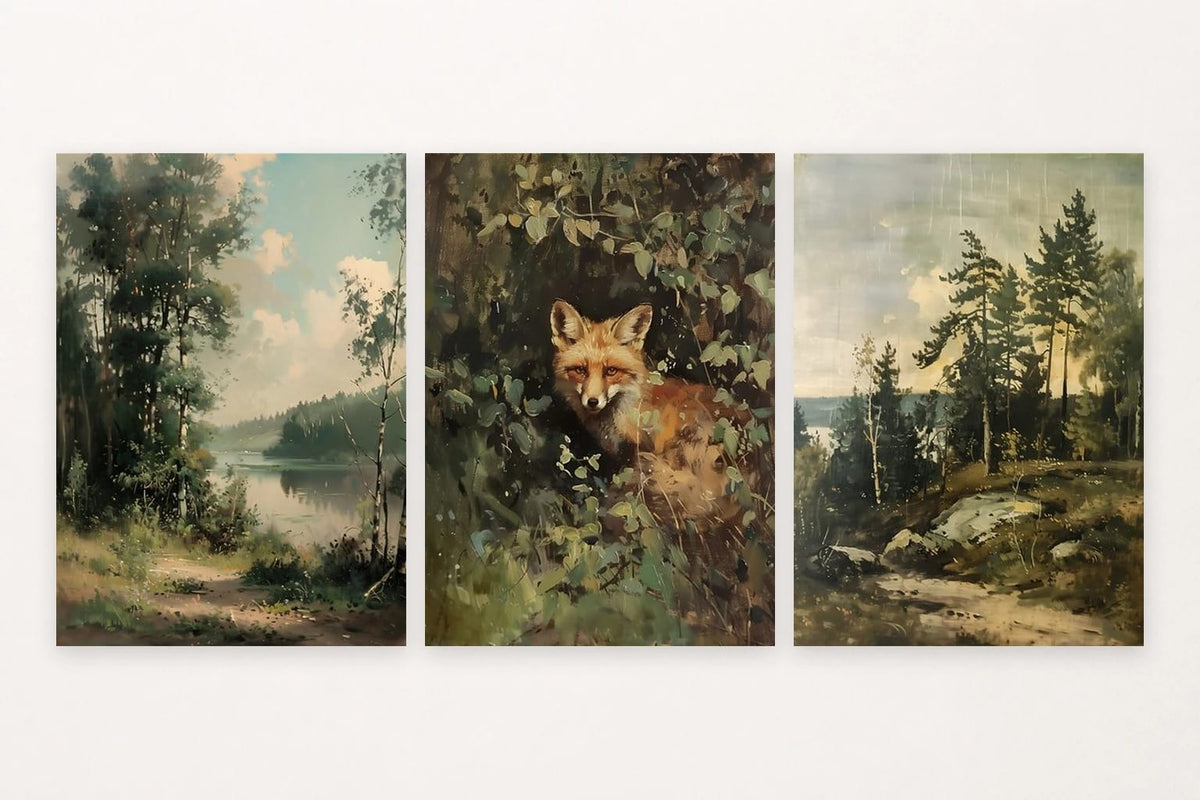 Forest views with lake and path, a fox in leaves, and a rainy rocky shore.