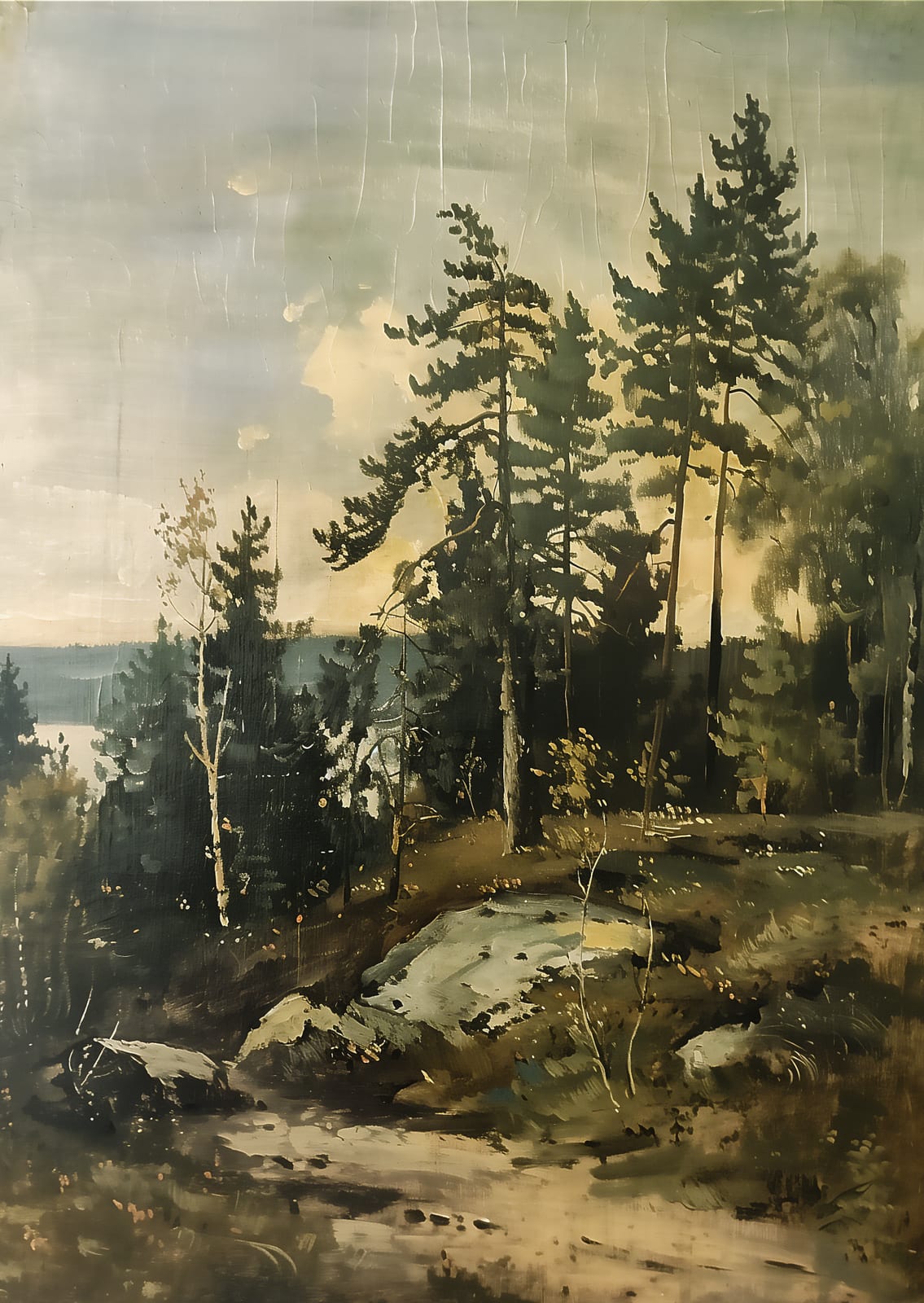 rocky forest shore in rain.
