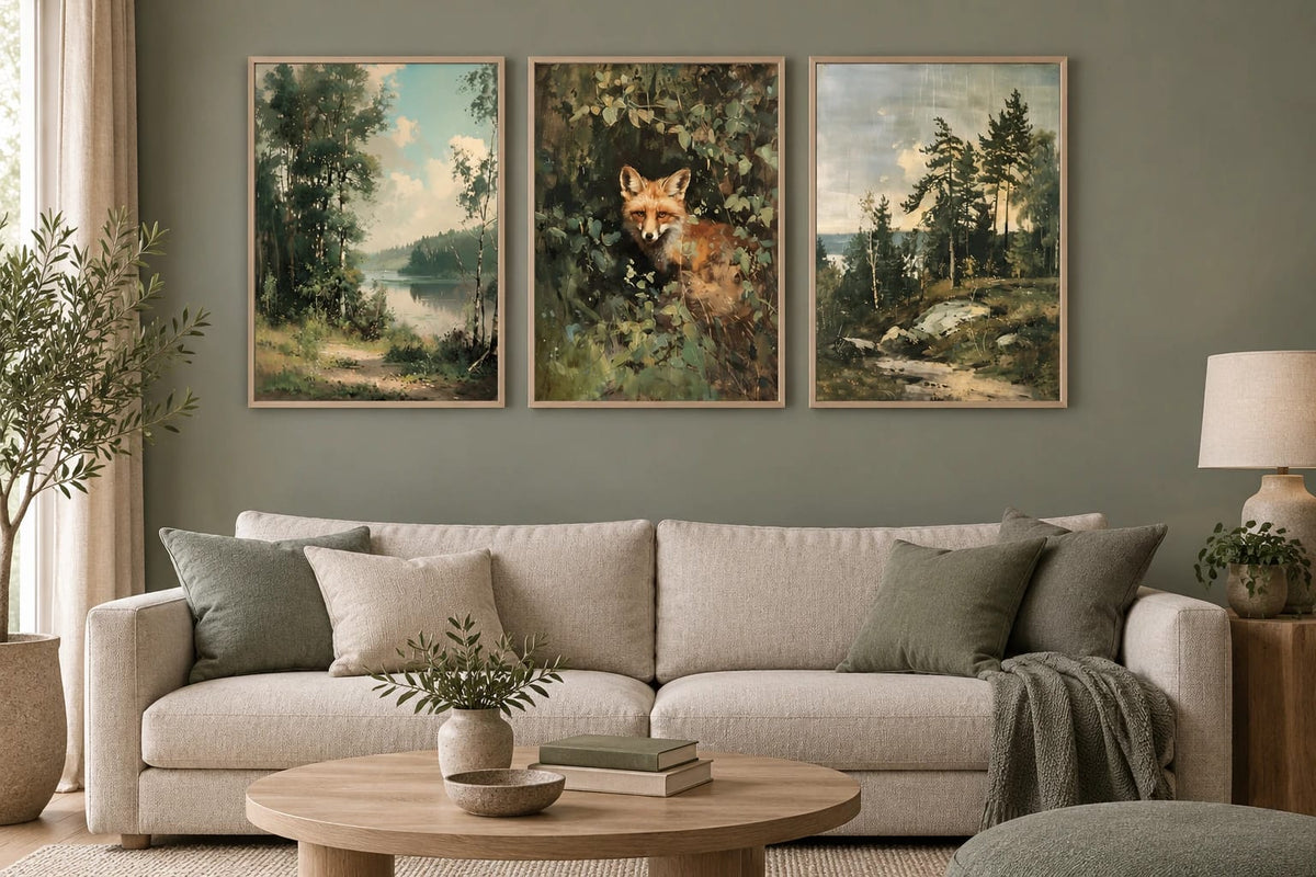Woodland prints above a sofa against an olive wall.