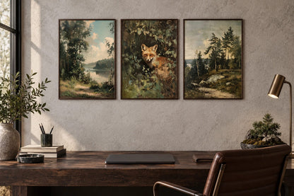 Three forest scenes above a desk in a home office.