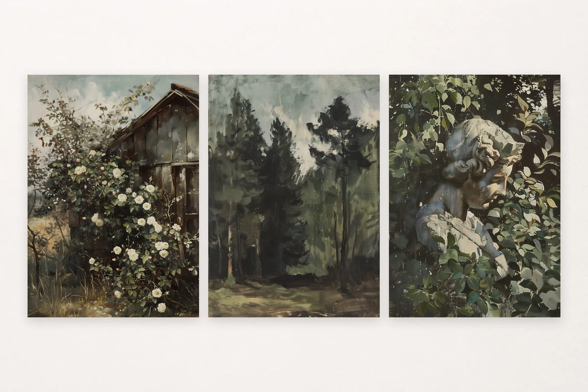 Three green-toned prints show a sculptural profile, evergreen forest, and flowering garden by a wooden house.