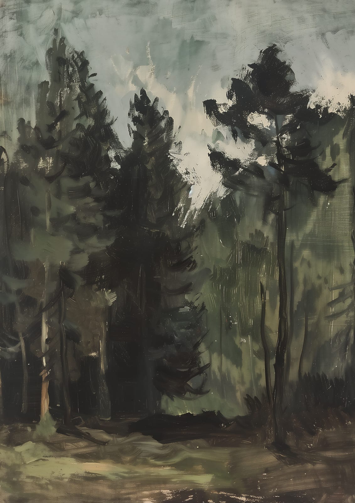 A dark evergreen forest with a lighter opening.