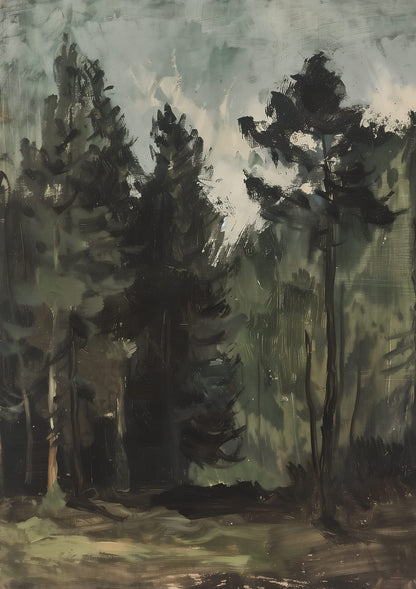 A dark evergreen forest with a lighter opening.