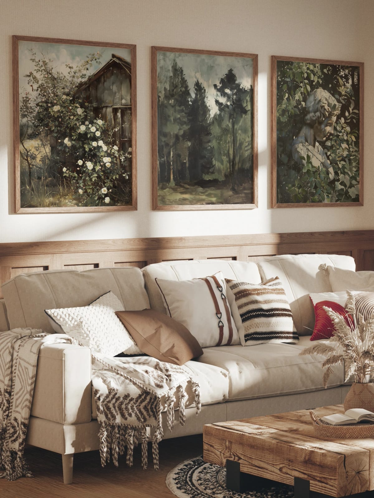 Flowering garden, dark evergreen forest, and sculptural profile prints together in a room; frames are not included.