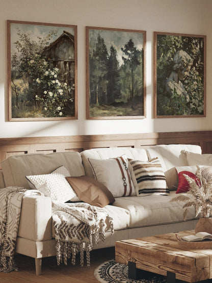 Flowering garden, dark evergreen forest, and sculptural profile prints together in a room; frames are not included.