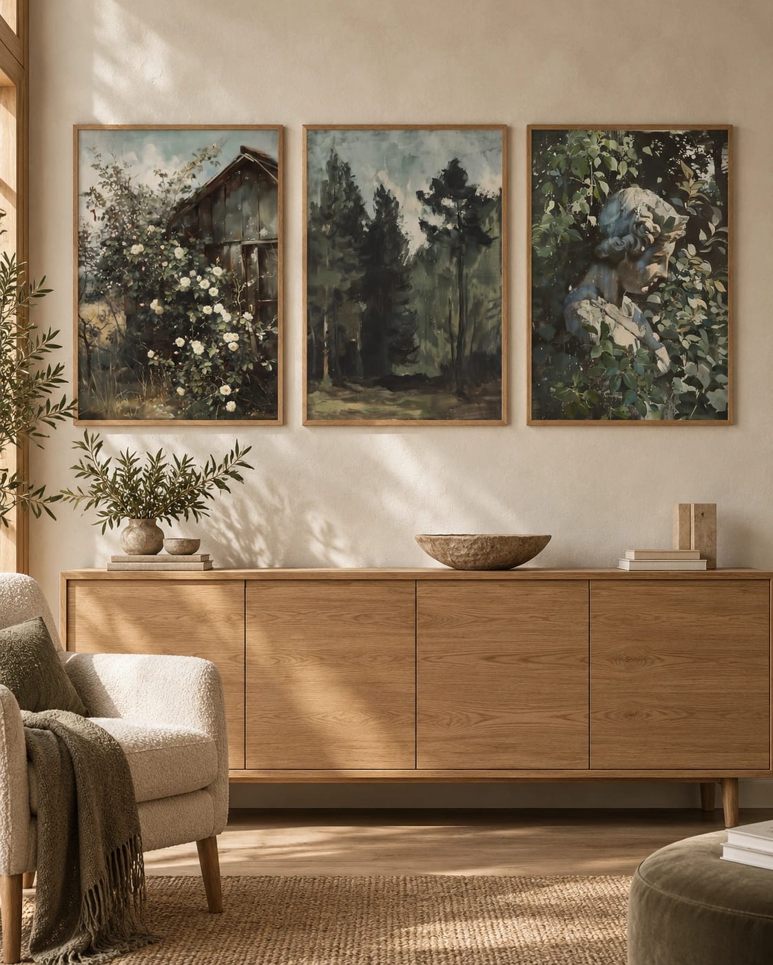 The three green-toned scenes arranged as one wall set; frames are not included.