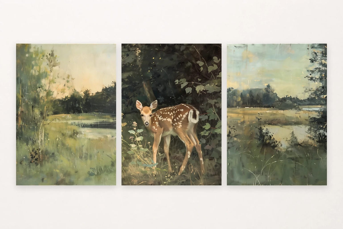 Three quiet landscapes show a lakeshore, a spotted deer in the woods, and an open lake with distant trees.