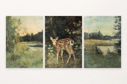 Three quiet landscapes show a lakeshore, a spotted deer in the woods, and an open lake with distant trees.