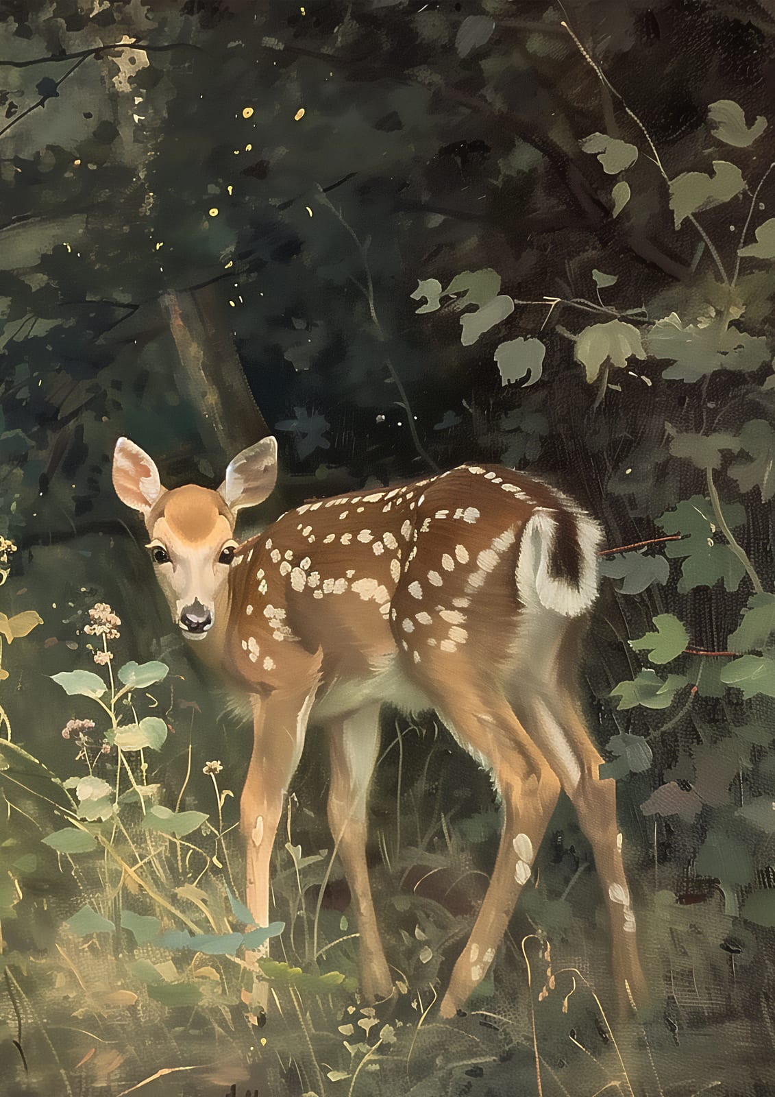 A spotted young deer among pale plants in a dark forest.