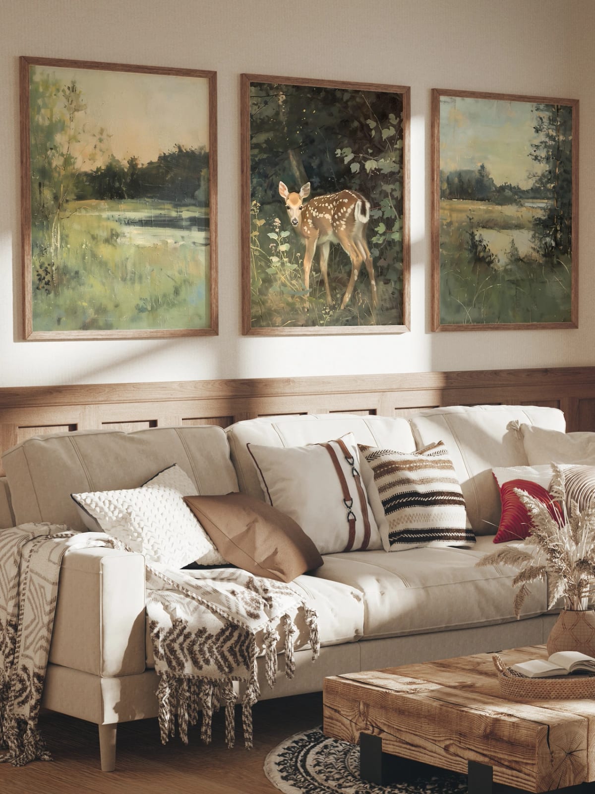 A lakeside, spotted deer, and open lake view grouped in a room; frames are not included.