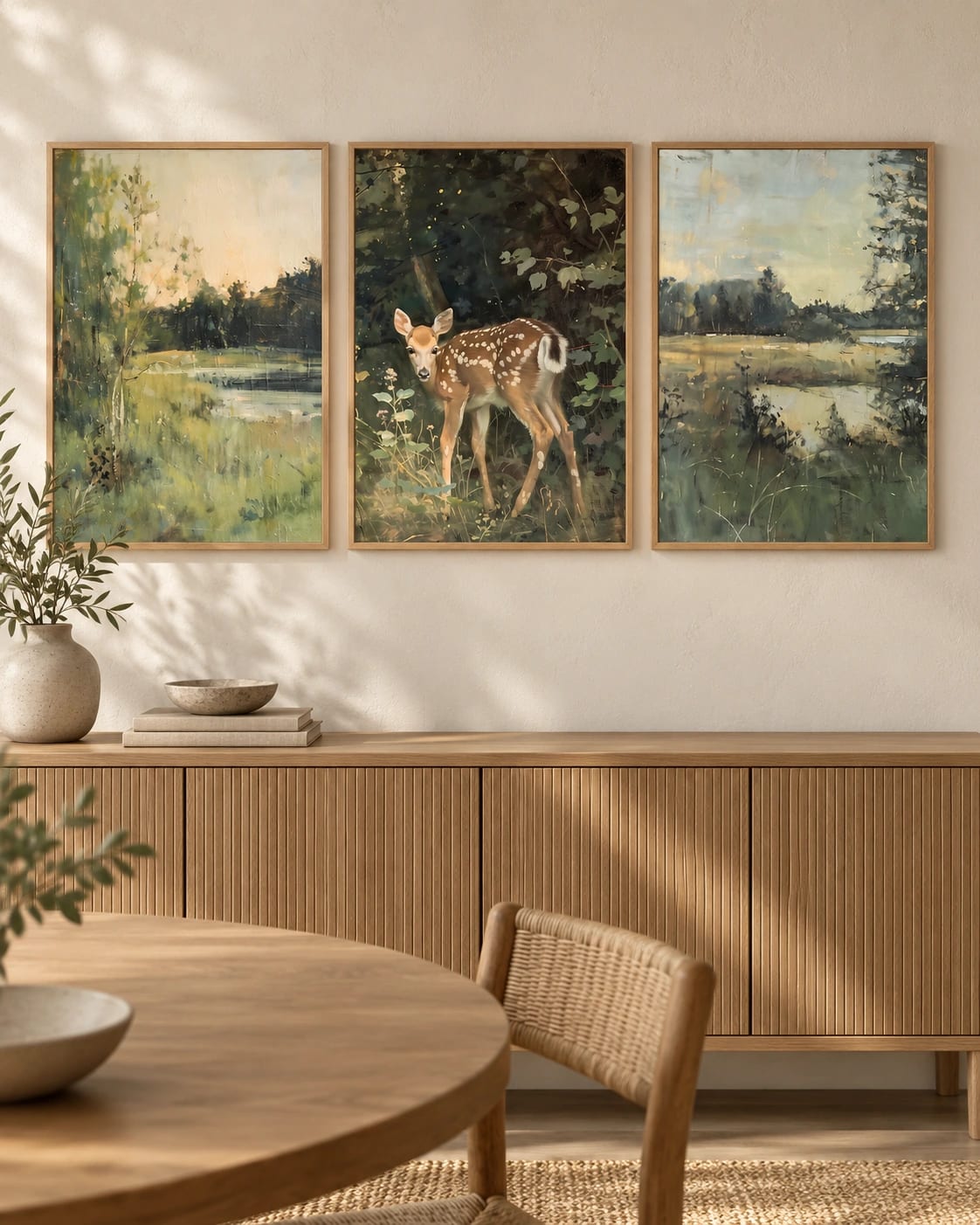 The three gray-green landscape prints shown together on a wall; frames are not included.