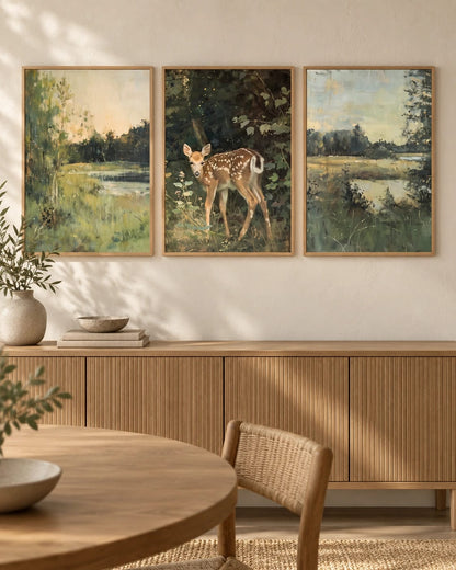 The three gray-green landscape prints shown together on a wall; frames are not included.
