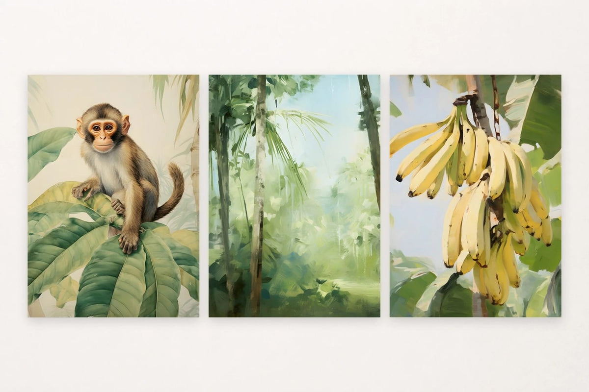 Tropical prints with a monkey, palm grove, and yellow bananas among leaves.